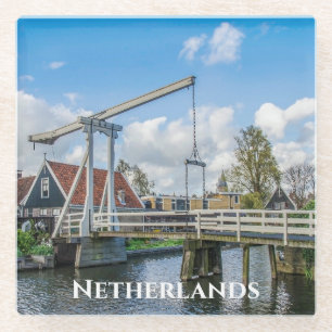 Dutch lifting wooden bridge in Netherlands Glass Coaster