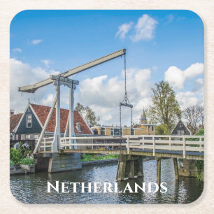 Dutch lifting wooden bridge in Netherlands Square Paper Coaster