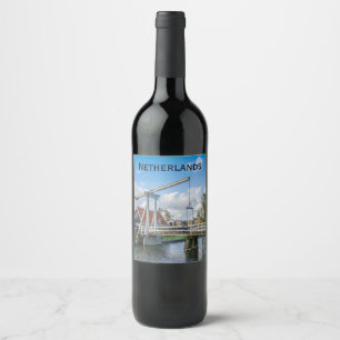 Dutch lifting wooden bridge in Netherlands Wine Label