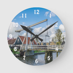 Dutch lifting wooden bridge round clock