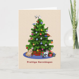 Dutch, Merry Christmas Tree, Birds, Cat, Dog Holiday Card