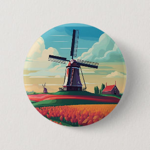 Dutch Orange Tulip Field Windmill Netherlands 6 Cm Round Badge