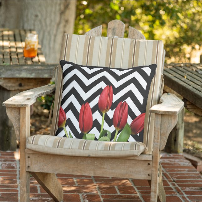 Dutch Red Tulips Modern Black White Zigzag Pattern Cushion (Chair)