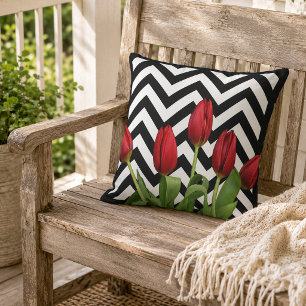 Dutch Red Tulips Modern Black White Zigzag Pattern Cushion