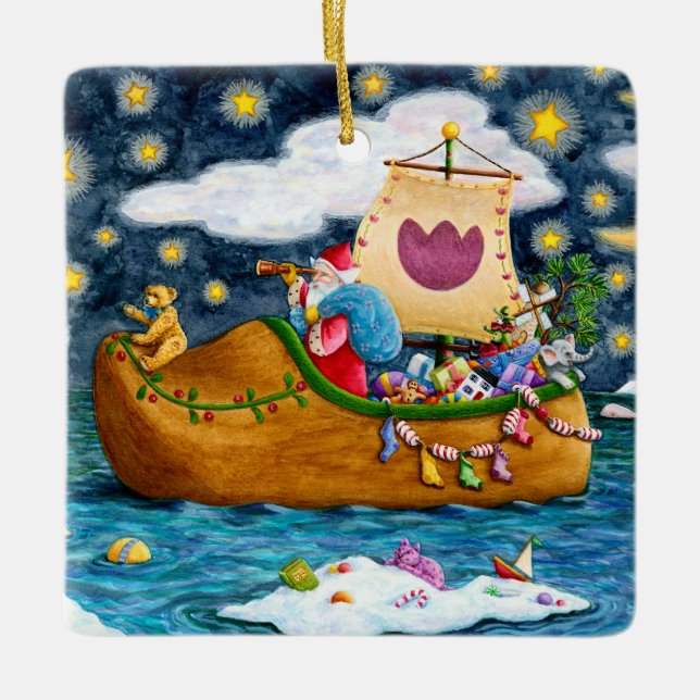 DUTCH SHOE SANTA SHIP, ICEBERGS, WHALE, TEDDY BEAR CERAMIC ORNAMENT (Front)
