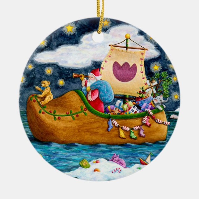 DUTCH SHOE SANTA SHIP, ICEBERGS, WHALE, TEDDY BEAR CERAMIC ORNAMENT (Front)