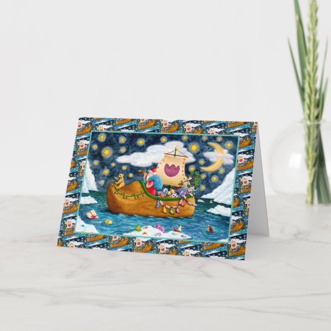 DUTCH SHOE SANTA SHIP, ICEBERGS, WHALE, TEDDY BEAR HOLIDAY CARD (Front)