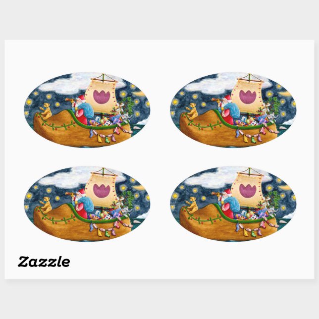 DUTCH SHOE SANTA SHIP, ICEBERGS, WHALE, TEDDY BEAR OVAL STICKER (Sheet)