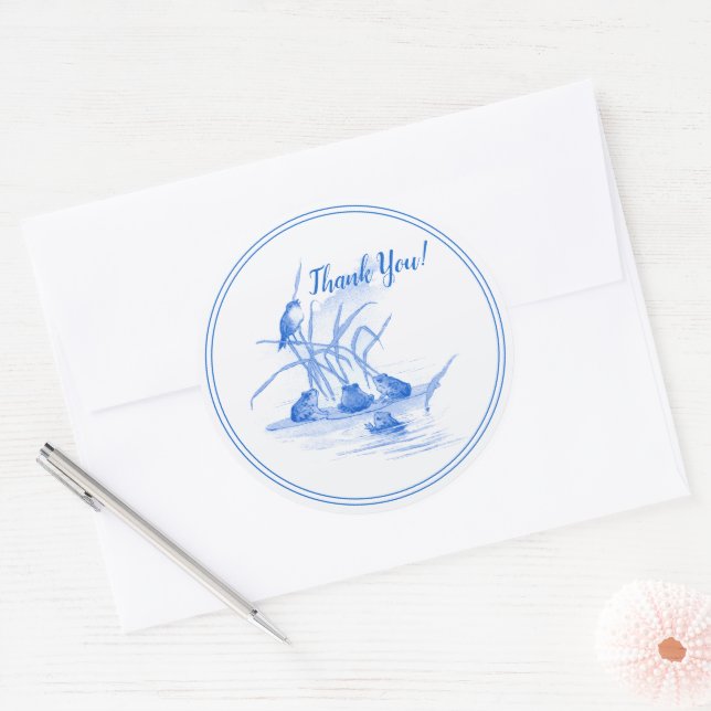Dutch Style Delft Blue Frogs and Bird Thank You Classic Round Sticker (Envelope)