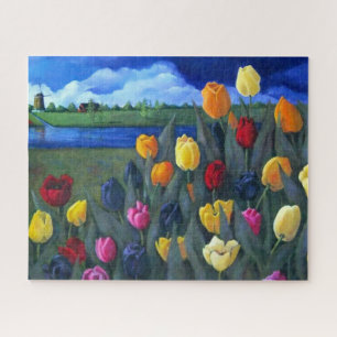 Dutch Tulips Painting and Windmill, Netherlands  Jigsaw Puzzle