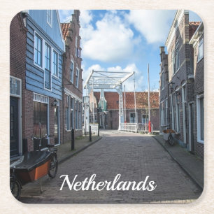 Dutch village with traditional wooden bridge square paper coaster