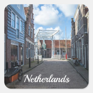 Dutch village with traditional wooden bridge square sticker