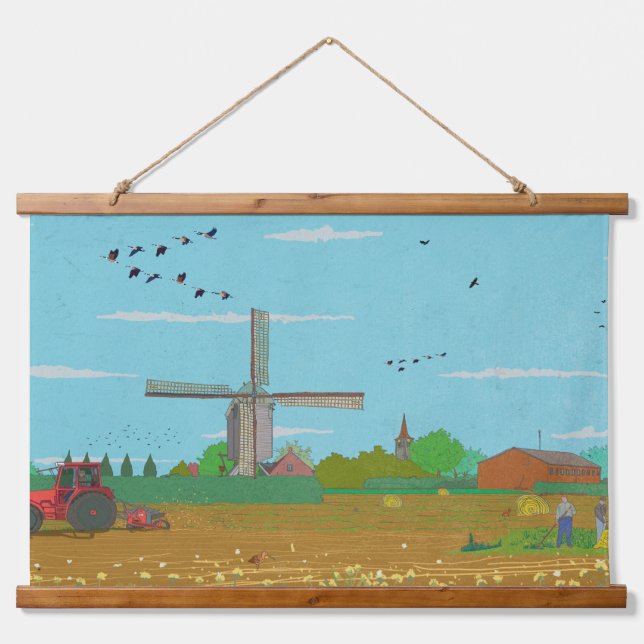 Dutch Windmill Countryside Landscape Netherland Hanging Tapestry (Front)