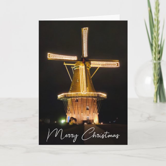 Dutch Windmill Glowing With Christmas Lights Holiday Card (Front)