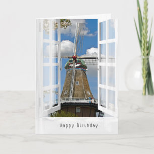 Dutch windmill in window for Birthday Card
