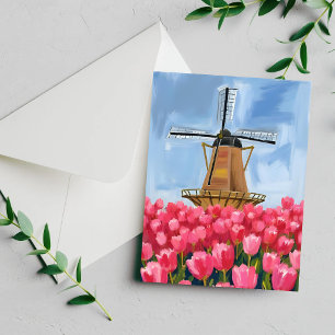 Dutch Windmill Tulip Flower Field Watercolor Card