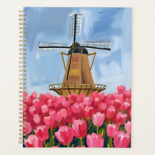 Dutch Windmill   Tulip Flower Field Watercolor Planner
