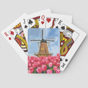 Dutch Windmill   Tulip Flower Field Watercolor Playing Cards