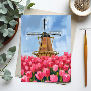 Dutch Windmill Tulip Flower Field Watercolor Postcard
