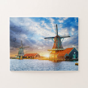 Dutch Windmills Cloudy Sunset Rotterdam Holland Jigsaw Puzzle