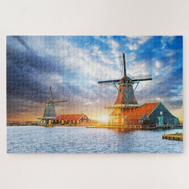 Dutch Windmills Cloudy Sunset Rotterdam Holland Jigsaw Puzzle (Horizontal)