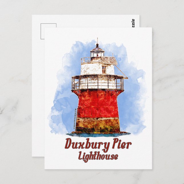 Duxbury Pier Lighthouse Watercolor - Massachusetts Postcard (Front/Back)