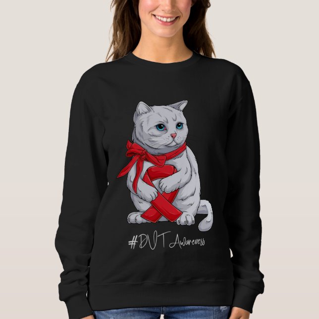 DVT Awareness Month Red Ribbon Cat Sweatshirt (Front)