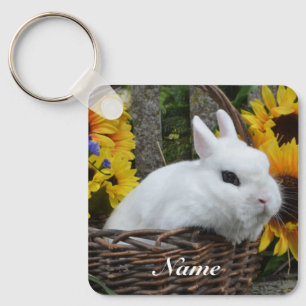 Dwarf Hotot Bunny Rabbit with Sunflowers Key Ring