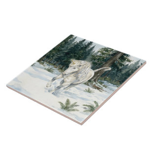 Dyfra Icelandic Unicorn Frolicking in Snowy Forest Ceramic Tile