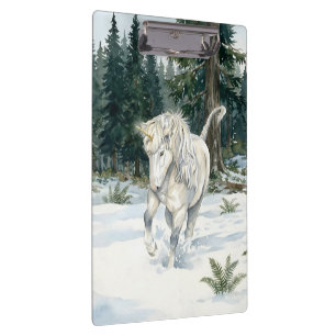 Dyfra Icelandic Unicorn Frolicking in Snowy Forest Clipboard