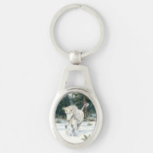 Dyfra Icelandic Unicorn Frolicking in Snowy Forest Key Ring