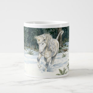 Dyfra Icelandic Unicorn Frolicking in Snowy Forest Large Coffee Mug