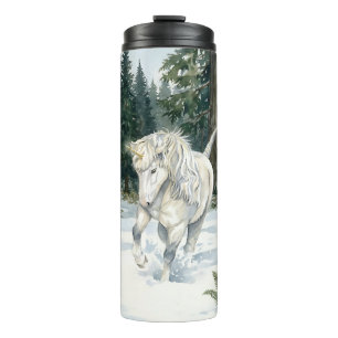 Dyfra Icelandic Unicorn Frolicking in Snowy Forest Thermal Tumbler