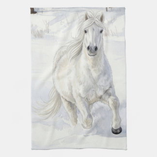 Dyfra the Icelandic Horse Galloping in Snow Tea Towel