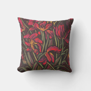 Dying Tulips Red Flowers Statement Floral Painting Cushion