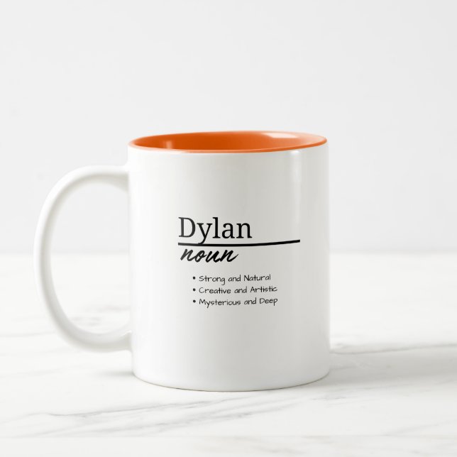 Dylan, Boy Personalised Name Definition Two-Tone Coffee Mug (Left)