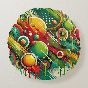 Dynamic Abstract Artwork with Colourful Circles Round Cushion