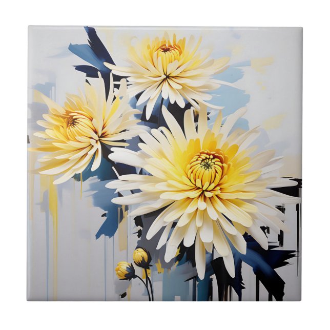 Dynamic Abstract Floral Chrysanthemum Ceramic Tile (Front)