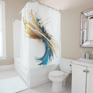 Dynamic Abstract Splash White Teal Gold Tablecloth Shower Curtain