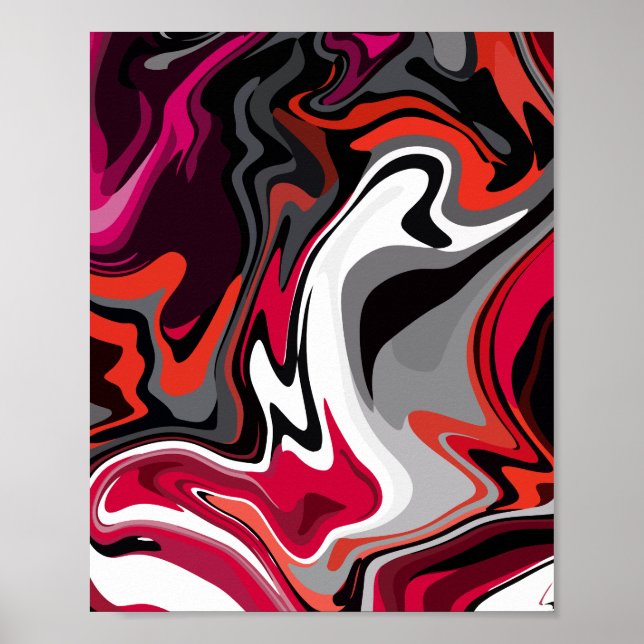 Dynamic Abstract Swirl of Red, Black, white & Grey Poster (Front)