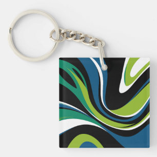 Dynamic Abstract Swirl Pattern in Green and Blue Key Ring
