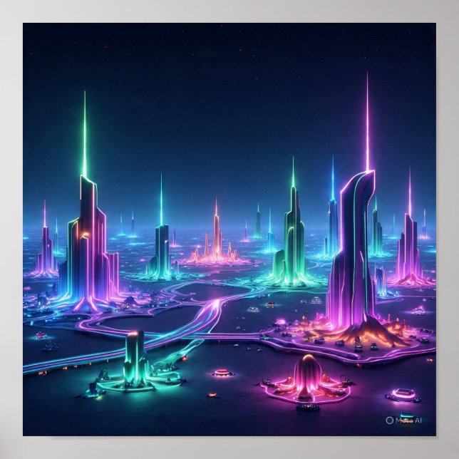 Dynamic Alien City with Light Beams Poster (Front)