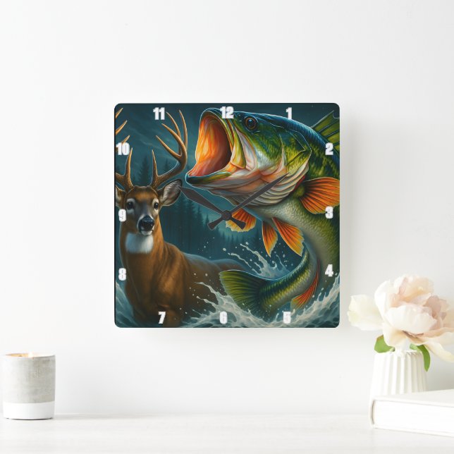 Dynamic Bass and Deer Square Wall Clock (Home)