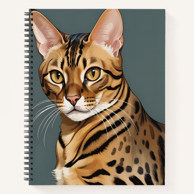 Dynamic Bengal Cat Portrait with Distinctive Spots Notebook (Front)