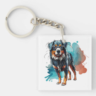 Dynamic Bernese Dog Ink Drawing Watercolor Splash Key Ring