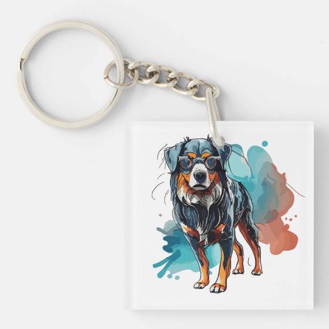 Dynamic Bernese Dog Ink Drawing Watercolor Splash Key Ring (Front)