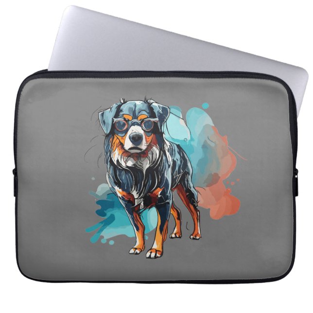 Dynamic Bernese Dog Ink Drawing Watercolor Splash Laptop Sleeve (Front)