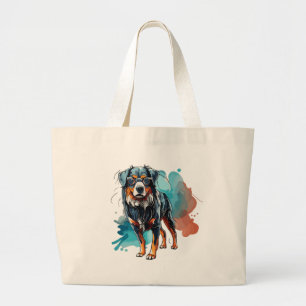 Dynamic Bernese Dog Ink Drawing Watercolor Splash Large Tote Bag