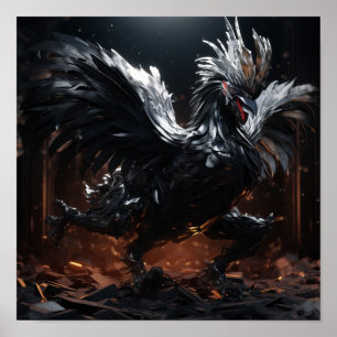 Dynamic Black Game Rooster Poster - Powerful and D
