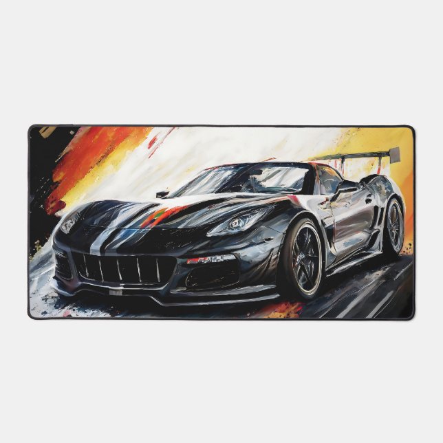 Dynamic Black Race Car Abstract Painterly Desk Mat (Front)